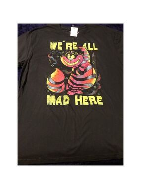 Disney Cheshire Cat 'We're All Mad Here' Black Multi-color Tee XL